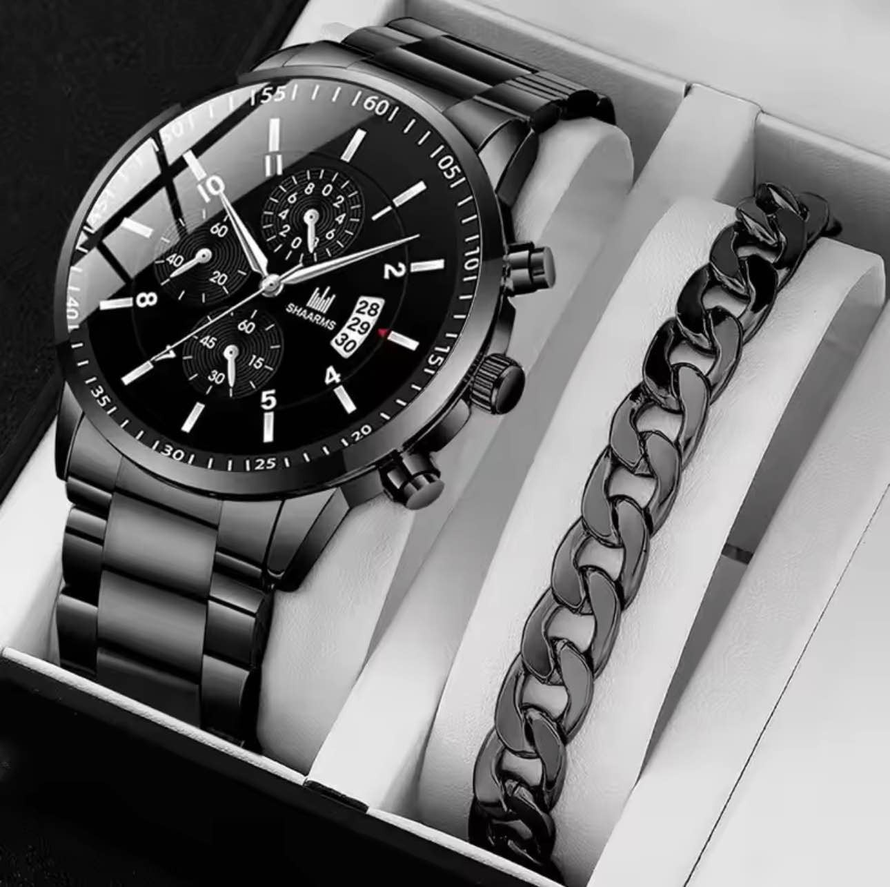 Luxury Mens Silver gold and black Quartz Watch With Stainless Steel Bracelet