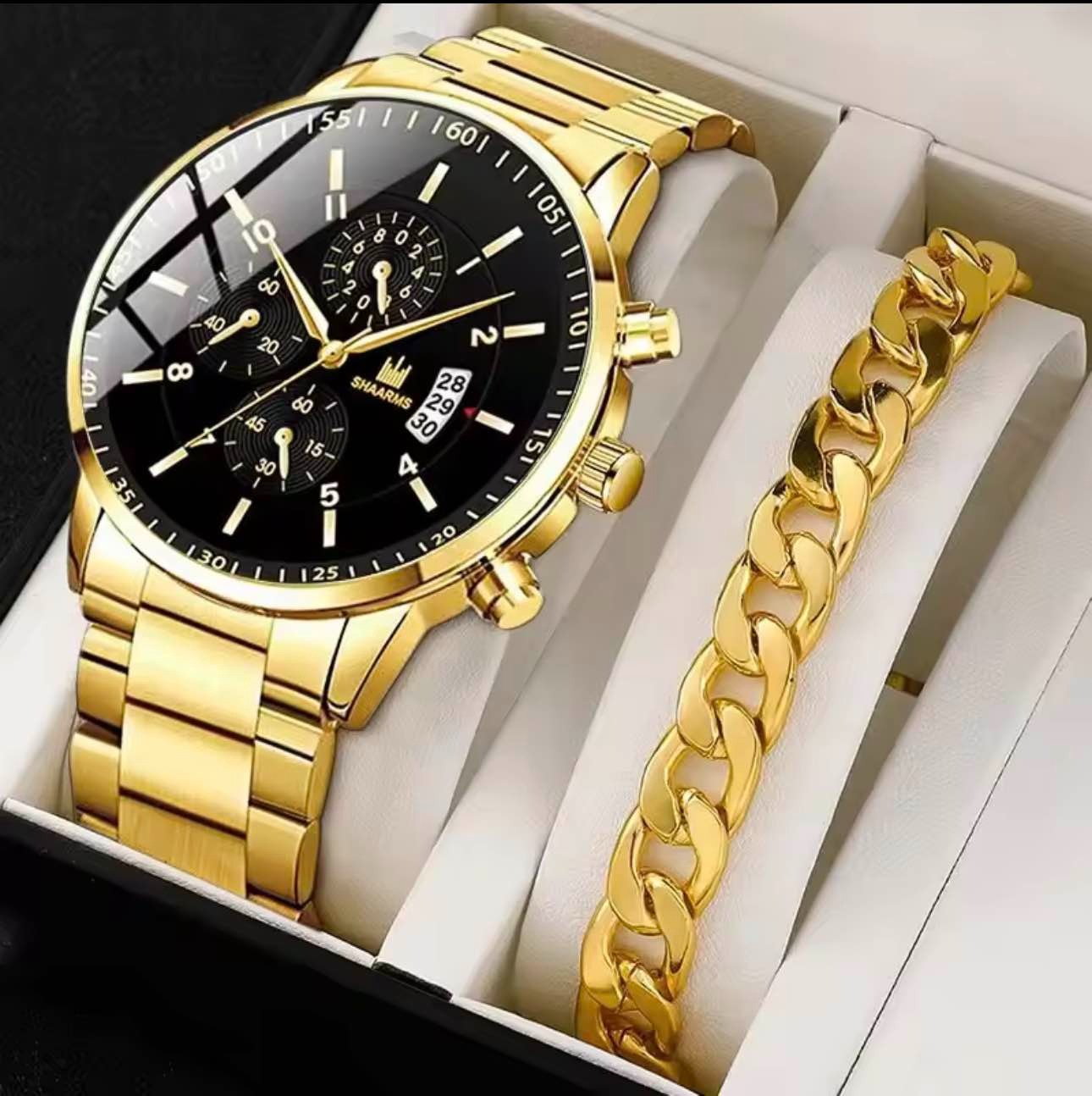 Luxury Mens Silver gold and black Quartz Watch With Stainless Steel Bracelet