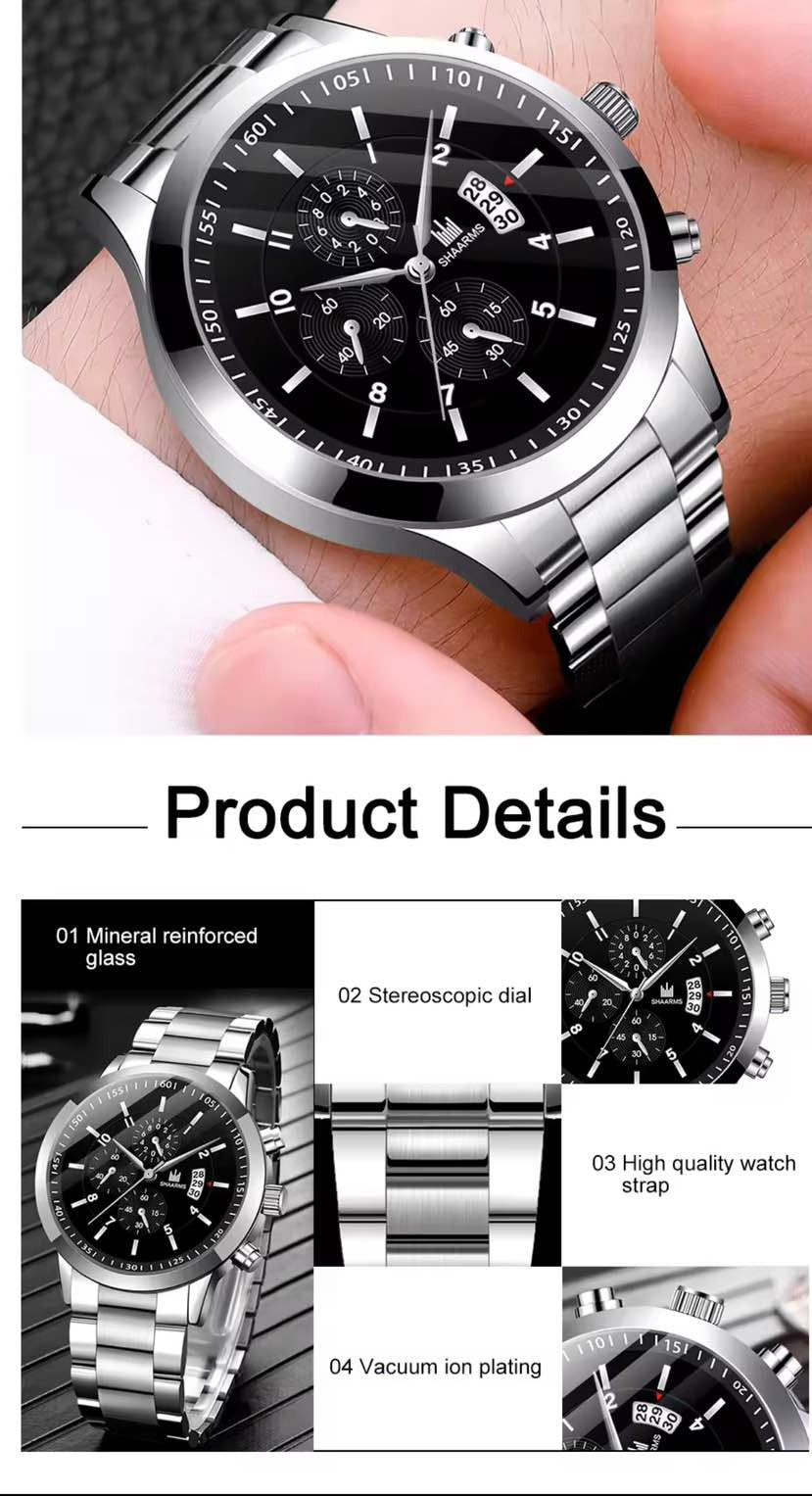 Luxury Mens Silver gold and black Quartz Watch With Stainless Steel Bracelet