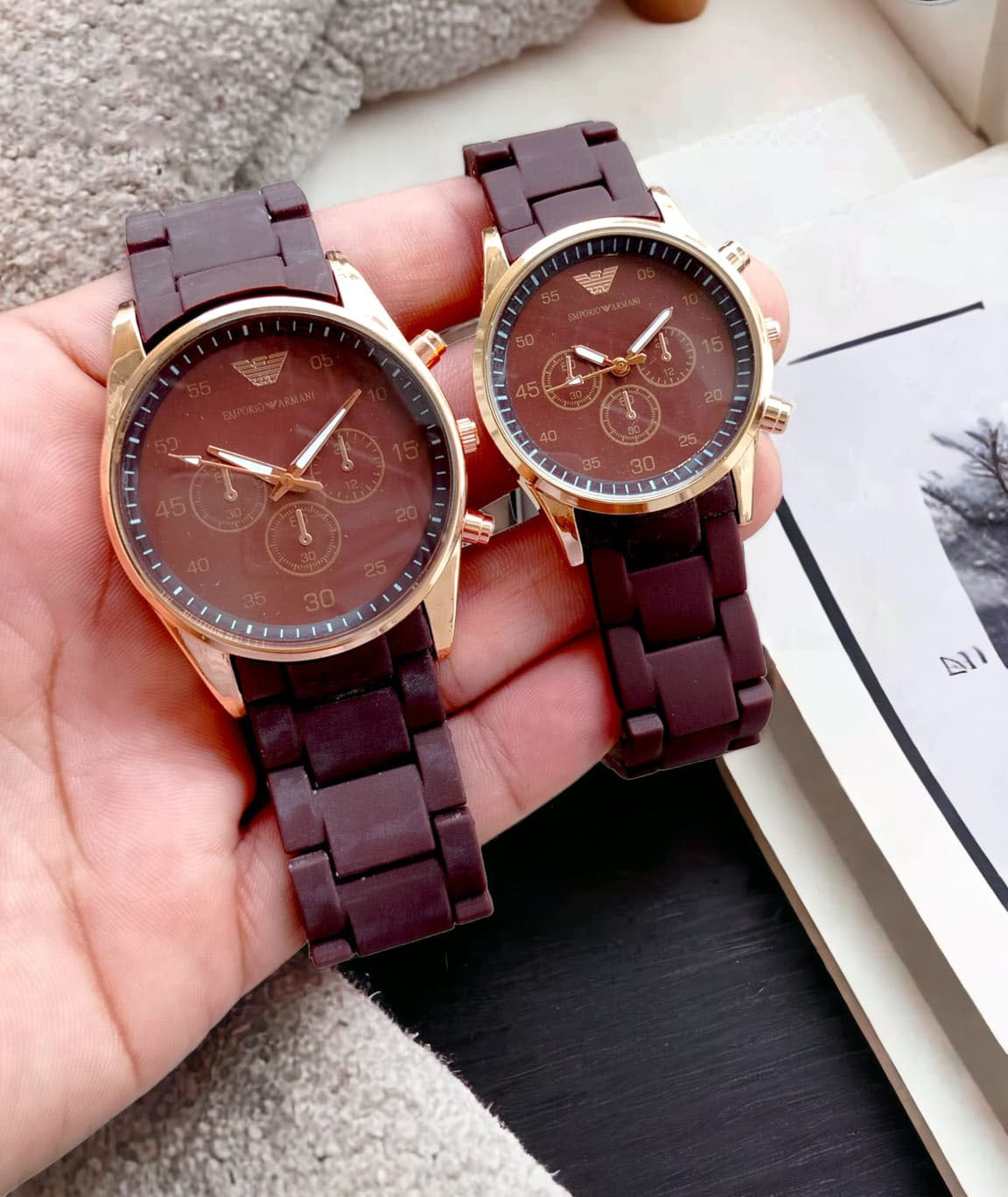 Emporio Armani Couple Watch Rubber Chain Strap Puch Button Lock