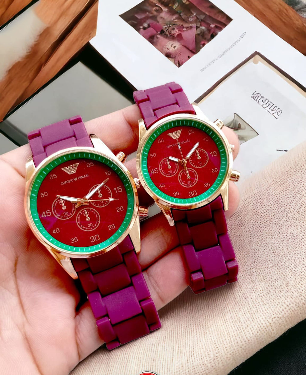 Emporio Armani Couple Watch Rubber Chain Strap Puch Button Lock