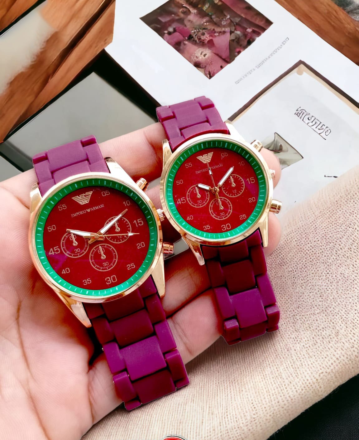 Emporio Armani Couple Watch Rubber Chain Strap Puch Button Lock
